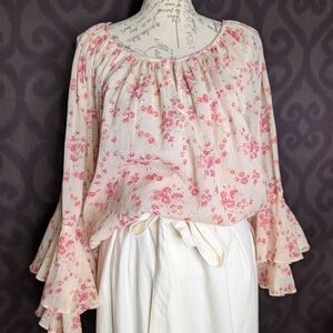 Chaps Pink and Cream Bell Sleeve Blouse with Ruffled Details
